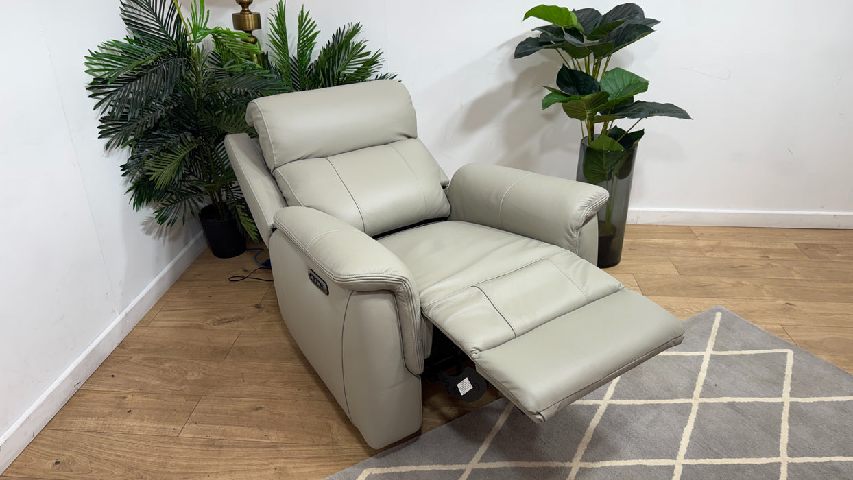 Sofology Bradie Leather Chair Power Recliner/Headrest in Trusty Embossed Light Grey
