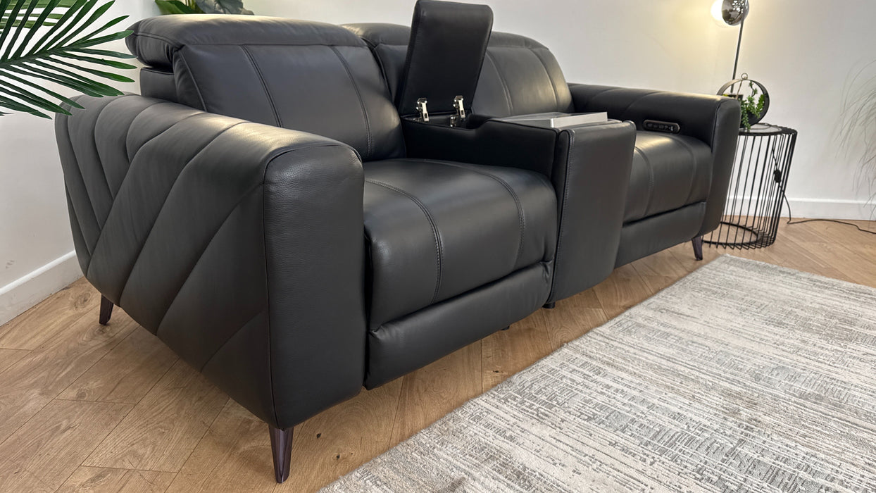 Sofology Allure Leather 2 Seater Power Recliner/Headrest Screen Console Heated Seats Lumbar Speakers in Trusty Embossed Jet Black