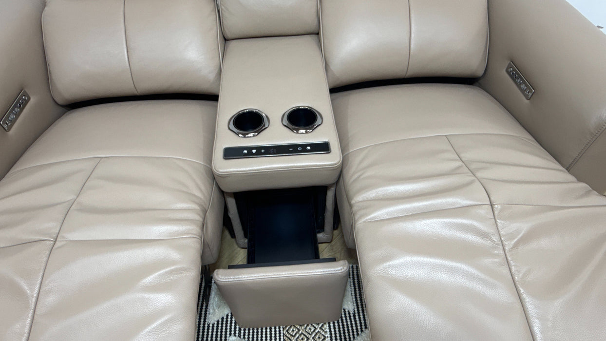 Sofology Riviera Leather 2 Seater Console Power Recliner/Headrest in Trusty Embossed Mushroom