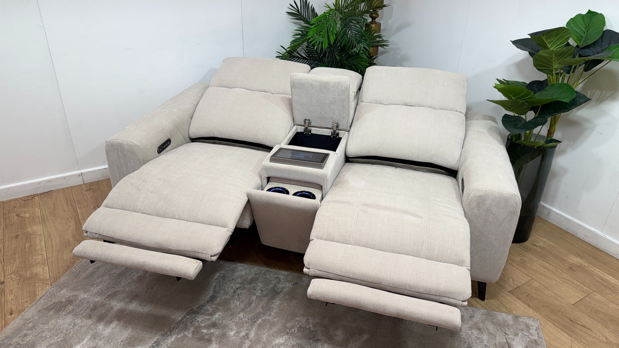 Sofology Allure Fabric 2 Seater Screen Console Power Recliner/Headrest Heated Seats Lumbar Support Speakers in Relaxed Chenille Cotton