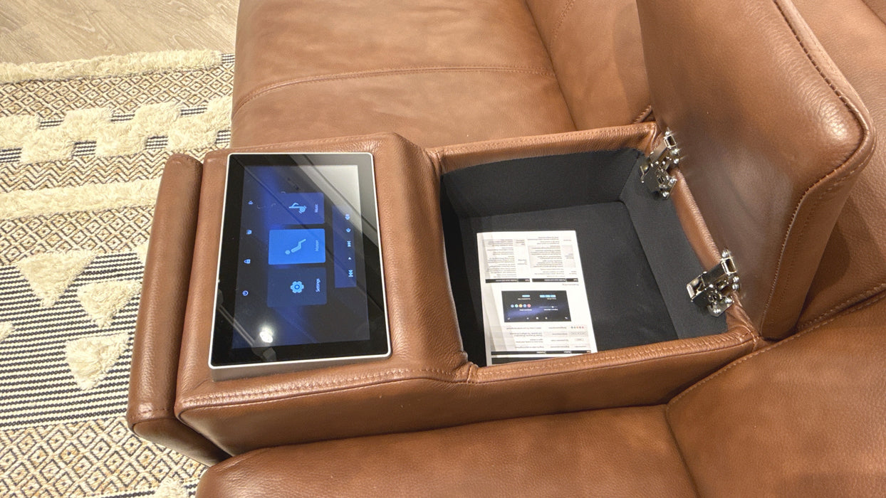 Sofology Allure Leather 2.5 Seater Screen Console Power Recliner/Headrest Heated Seats Lumbar Support Speakers in Trusty Embossed Chestnut