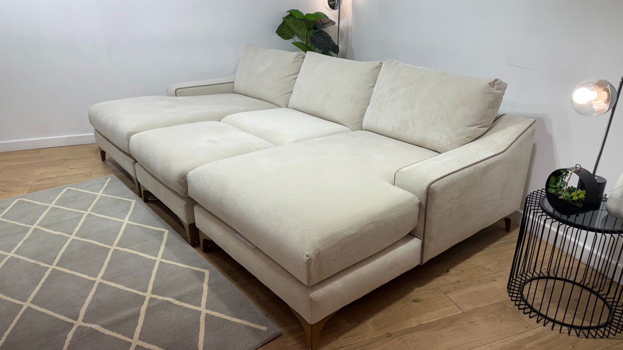 Sofology Wildwood Fabric 4 Seater Double Chaise with Footstool in Soft Sherpa Natural Contrast Piping Mix