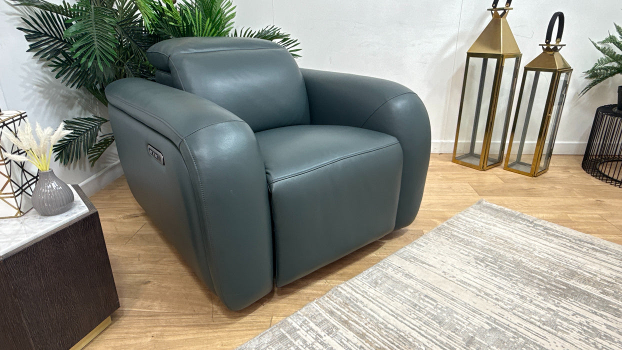 Sofology Drift Leather Chair Power Recliner/Headrest in Trusty Embossed Peacock