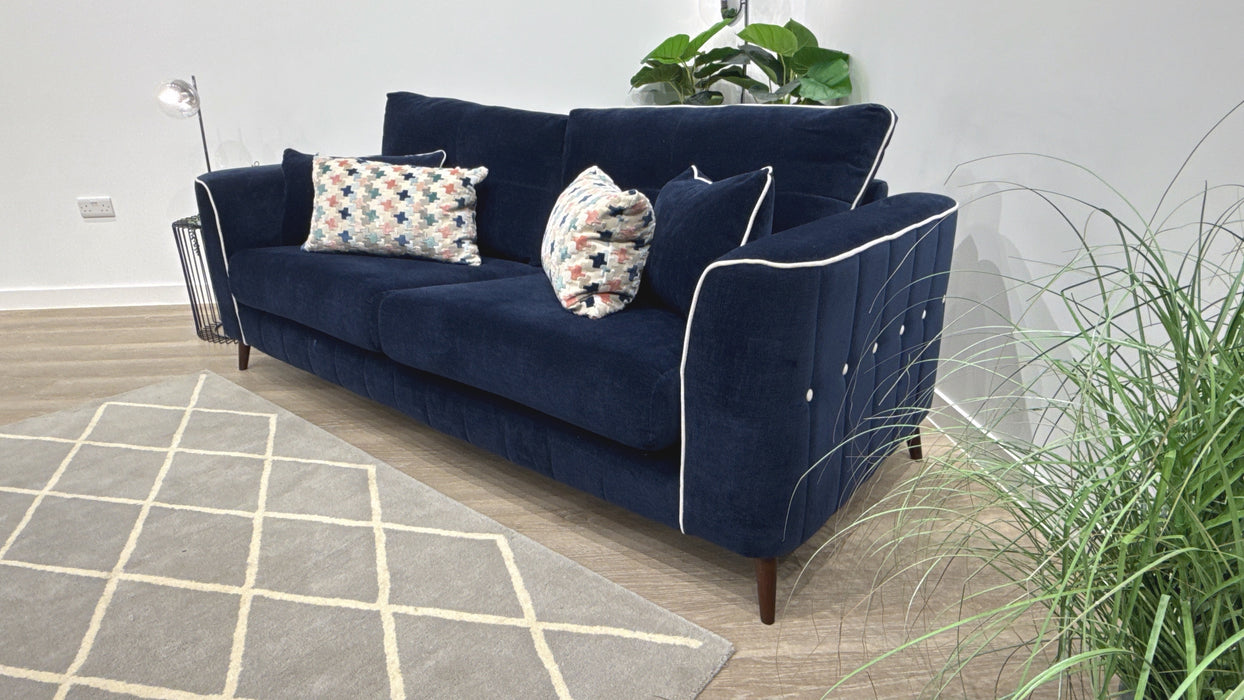 Sofology Remy Fabric 4 Seater in Soft Chenille Navy Mix With Natural Contrast Piping