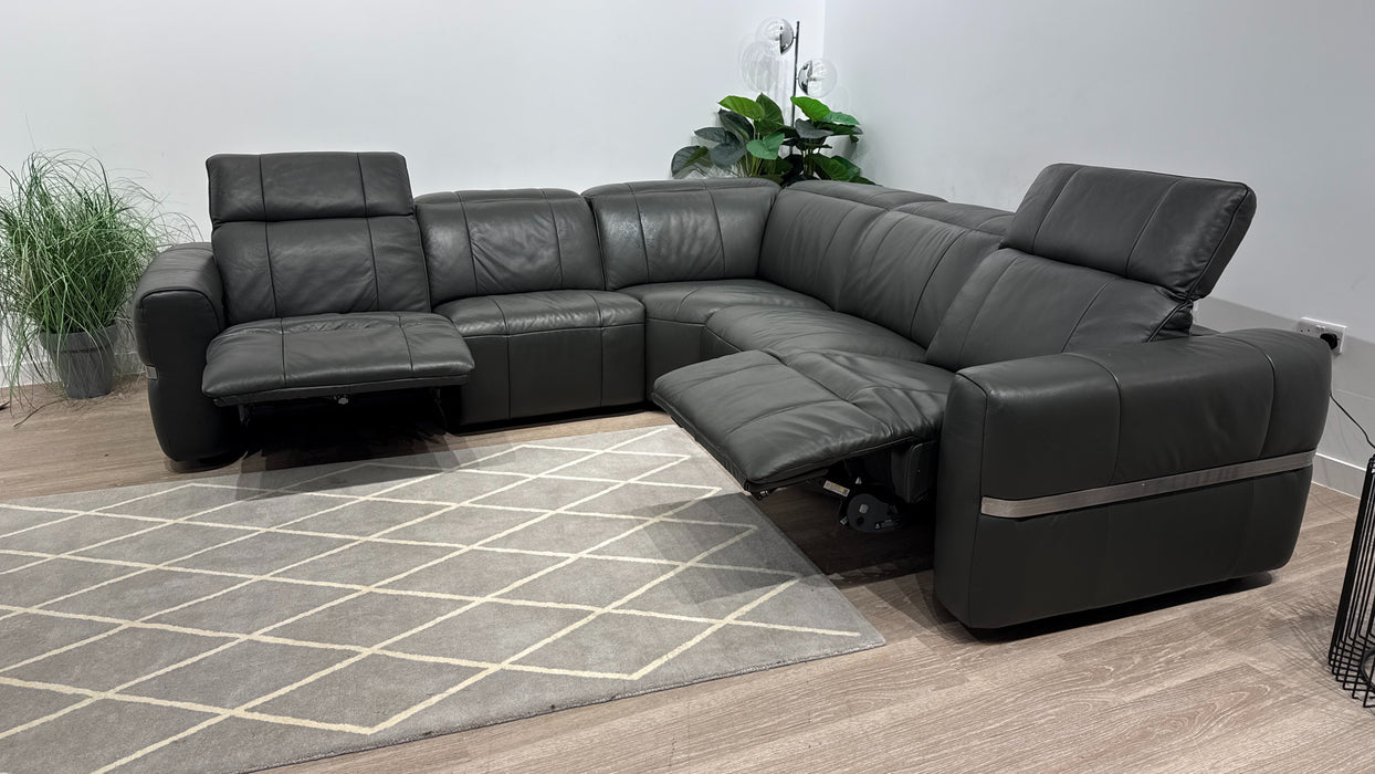 Sofology Lumiere Leather 3 Corner 3 Power Recliner/Headrest in Trusty Embossed Charcoal