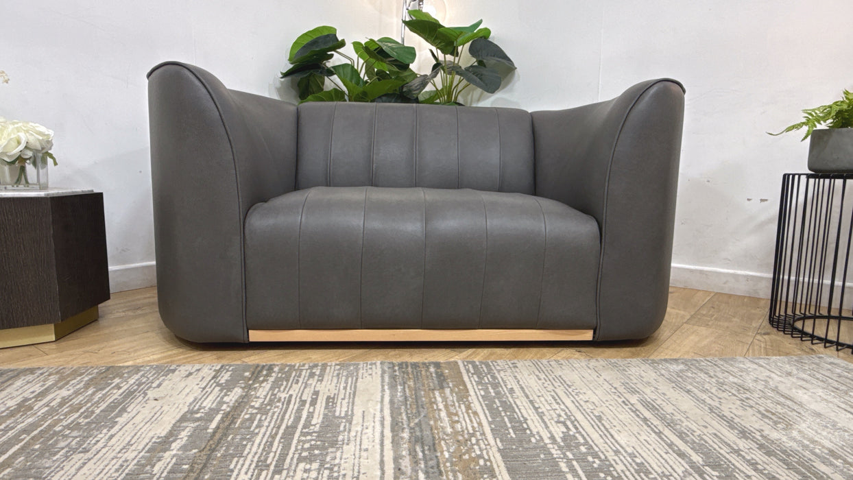 Sofology Fitzrovia Leather Loveseat in Relaxed Natural Grain Charcoal Mix With Light WoodTrim