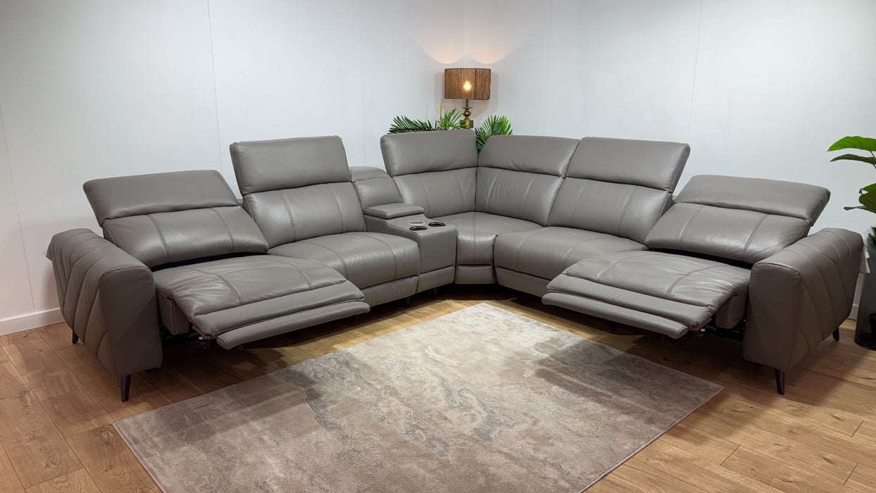 Sofology Allure Leather 3 Corner 3 Smart Console Power Recliner/Headrest Heated Seats Lumbar Support Speakers Trusty Embossed Elephant