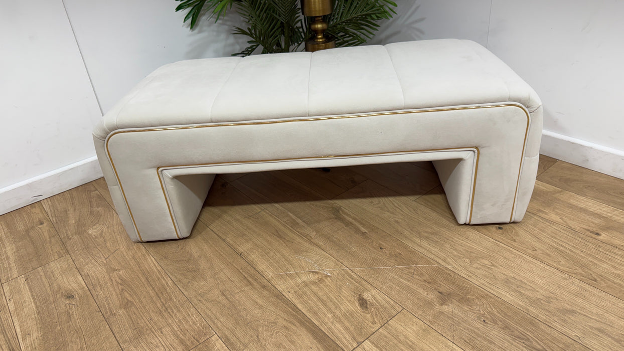 Sofology Oscar Fabric Small Bench Footstool Gold Trim in Super Matt Velvet Ecru