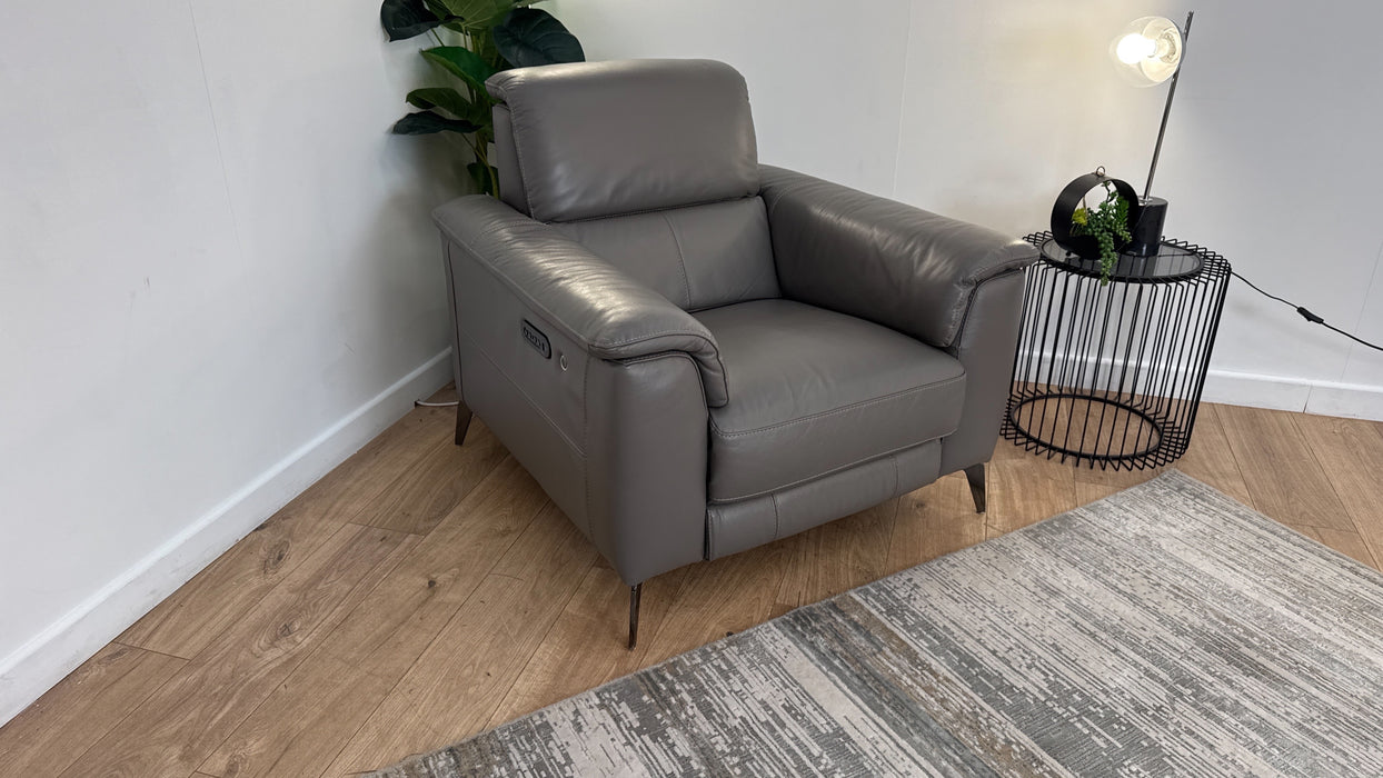 Sofology Illinois Leather Chair Power Recliner/Headrest Heated Seat in Trusty Soft Sheen Fossil Grey