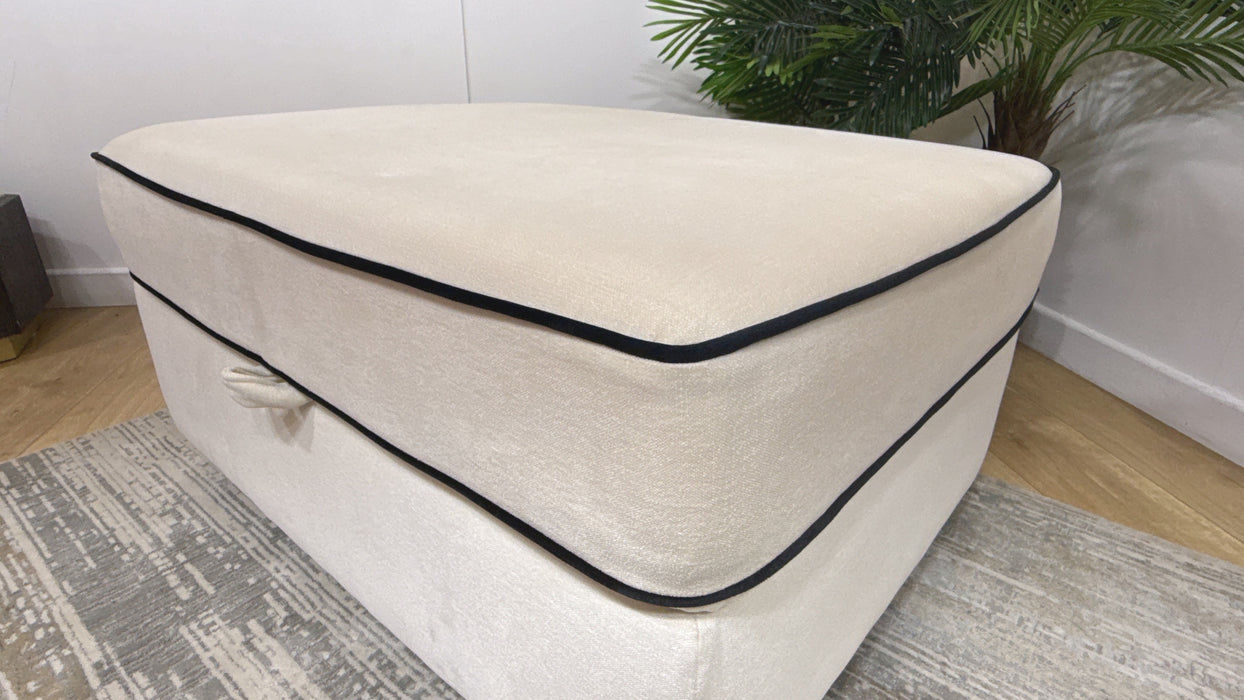 Sofology Atelier Storage Footstool in Chenille Ivory All Over With Black Contrast Piping