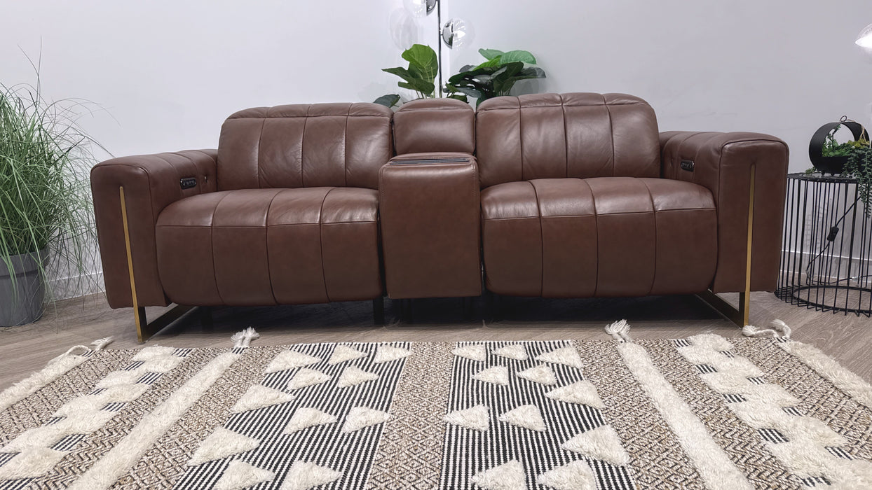 Sofology Paramount Leather 2.5 Seater Console Power Recliner/Headrest Speakers Heated Seats in Trusty Embossed Chestnut