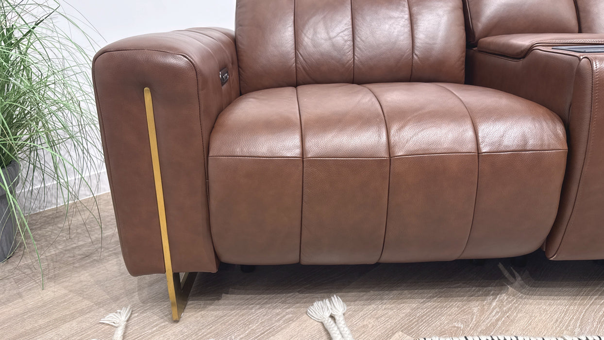 Sofology Paramount Leather 2.5 Seater Console Power Recliner/Headrest Speakers Heated Seats in Trusty Embossed Chestnut