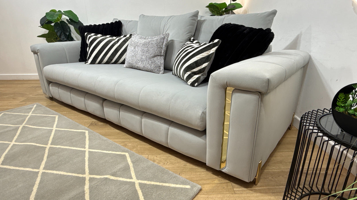 Sofology Oscar Fabric 4 Seater Split Gold Trim in Super Matt Velvet Silver Mix