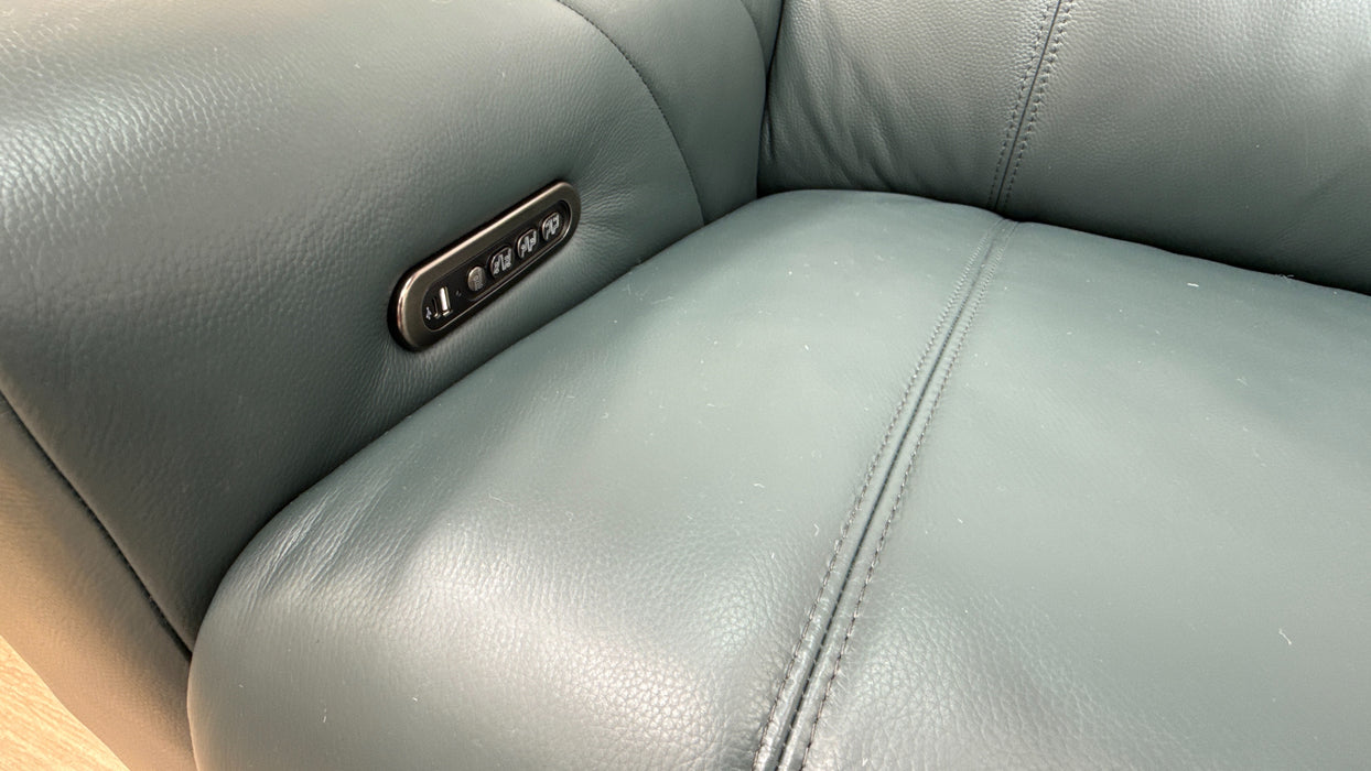 Sofology Allure Leather 3 Screen Console Corner Screen Console 3 Power Recliner/Headrest Heated Seats Lumbar Support Speakers in Trusty Embossed Peacock