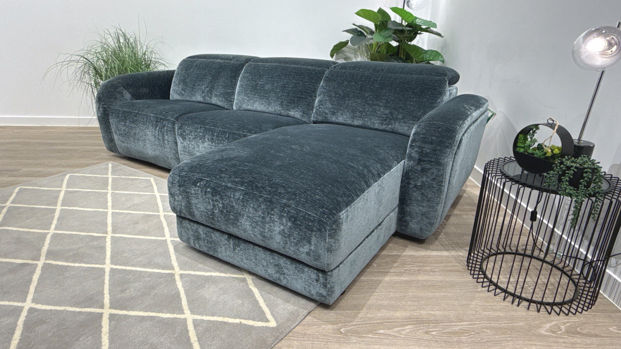 Sofology Drift Fabric 4 Seater Chaise Power Recliner/Headrest in Luxury Textured Chenille Lagoon