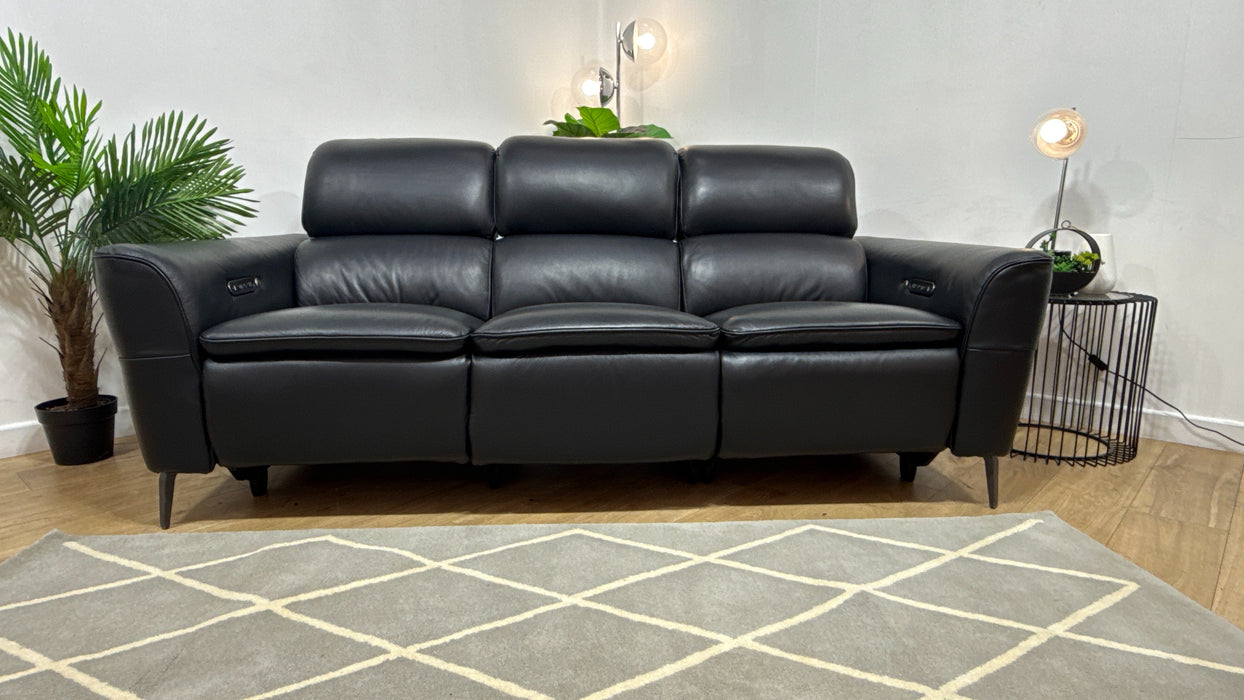 Sofology Viento Leather 3 Seater Power Recliner/Headrest Heated Seats Lumbar Support in Trusty Embossed Jet Black
