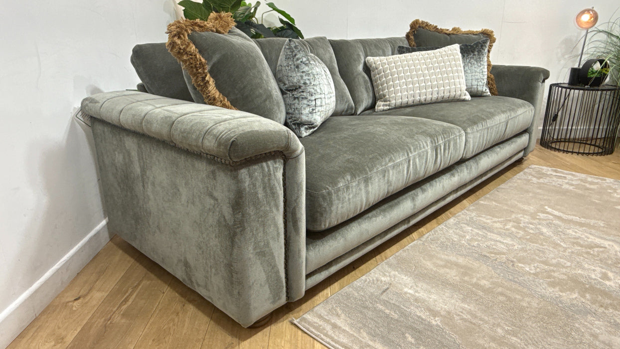 Sofology Regency Fabric 4 Seater Foam Seats with Studs in Fine Textured Chenille Grey Sage Mix