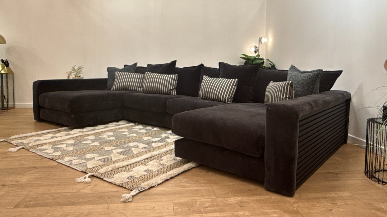 Sofology Cove Fabric Super Grande Double Chaise Black Wood Panel in Soft Chenille Anthracite Mix