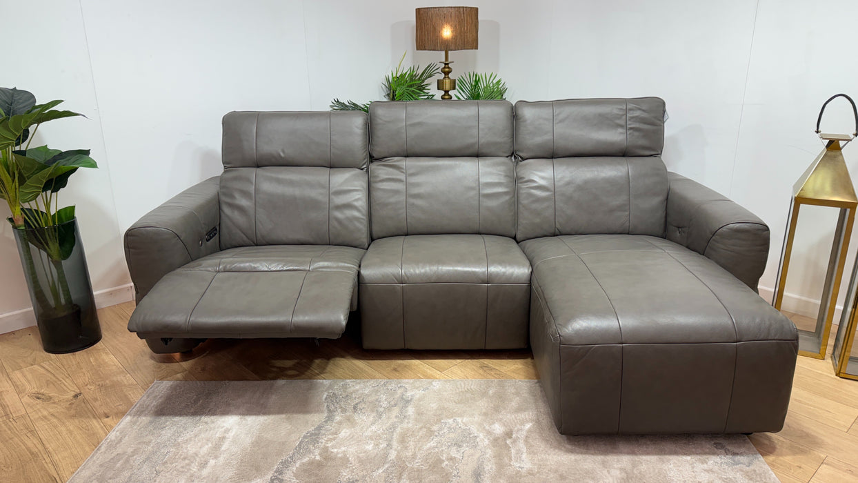 Sofology Lumiere Leather 4 Seater Chaise Power Recliner/Headrest Heated Seats Gunmetal Trim in Trusty Embossed Grey