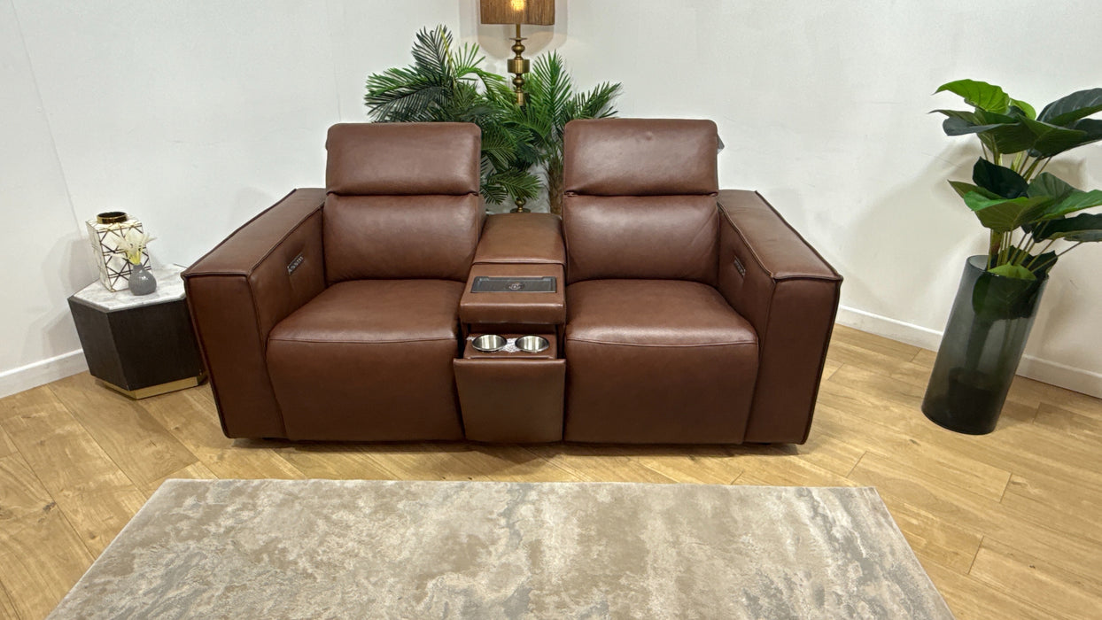 Sofology Horizon Leather 2 Seater Smart Console Power Recliner/Headrest in Trusty Embossed Chestnut
