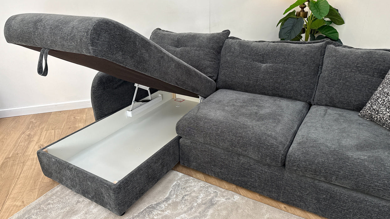 Sofology The Portobello Fabric Chaise 3 Seater Sofa Bed with Storage & Foam Seats in Linen Look Chenille Charcoal