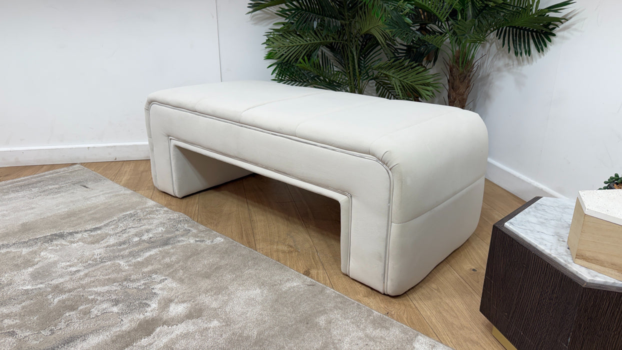 Sofology Oscar Fabric Small Bench Footstool Silver Trim in Super Matt Velvet Ecru