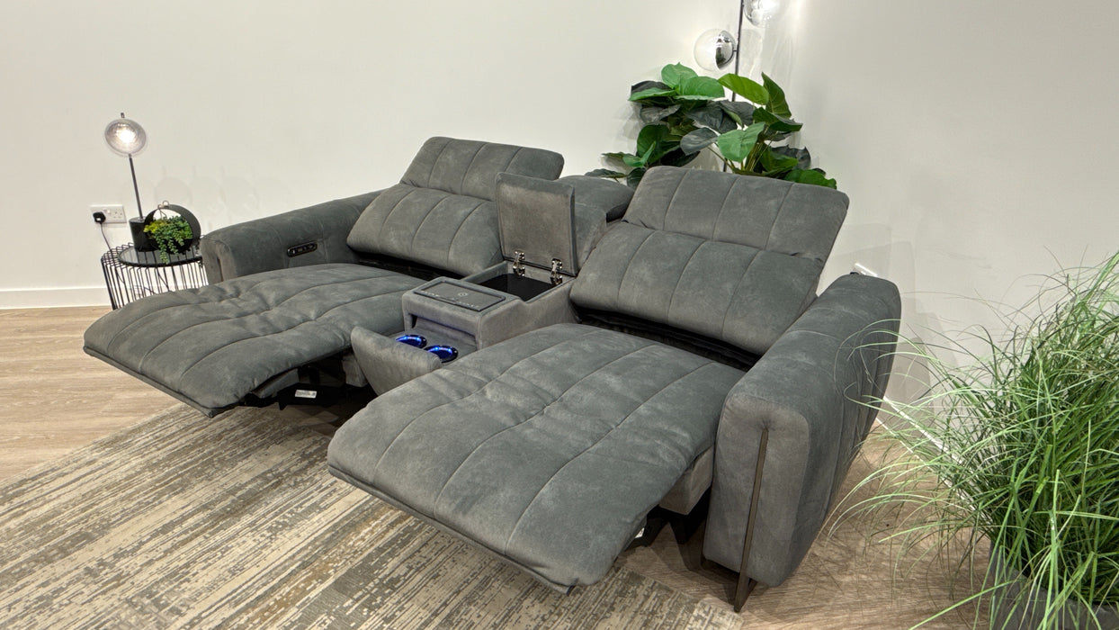 Sofology Paramount Fabric 2.5 Seater Console Power Recliner/Headrest Speakers in Lifestyle Flecked Mineral Green