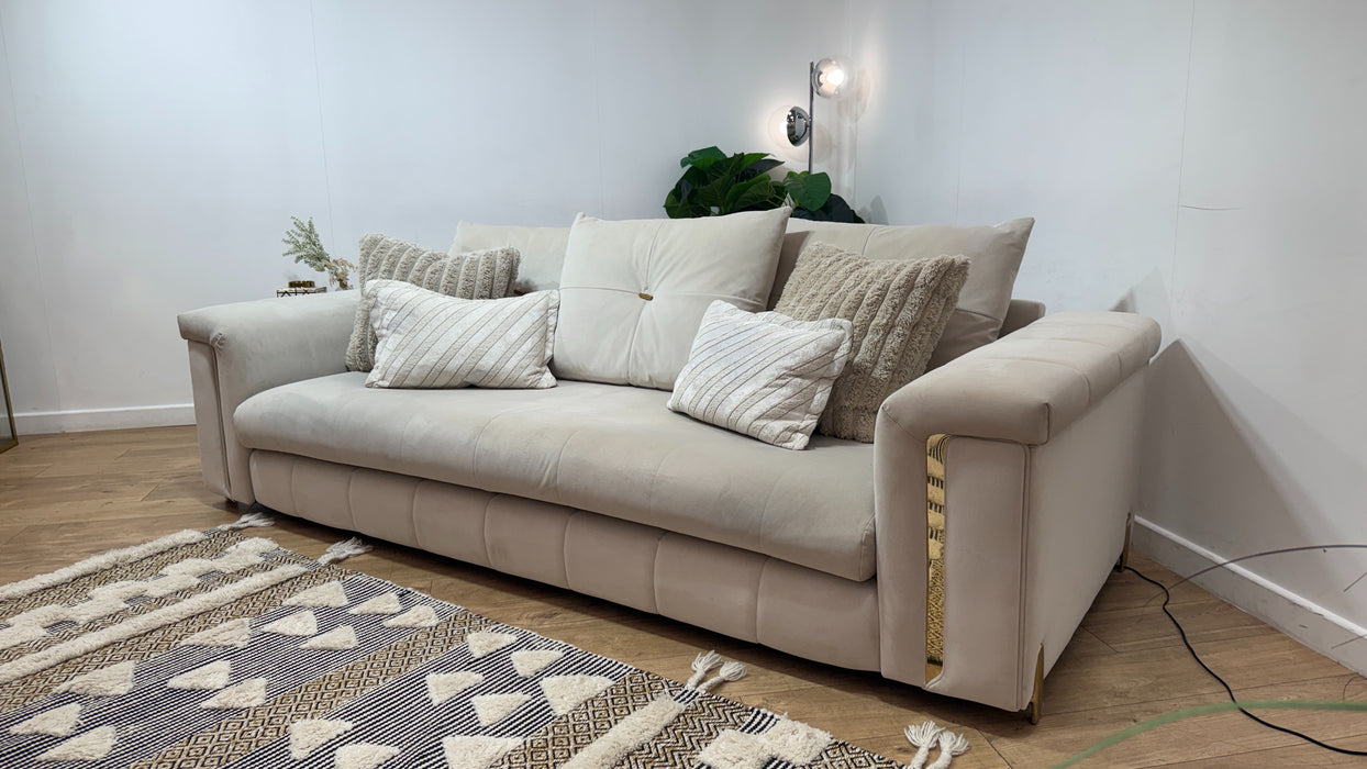 Sofology Oscar Fabric 4 Seater Gold Trim in Super Matt Velvet Ecru Mix