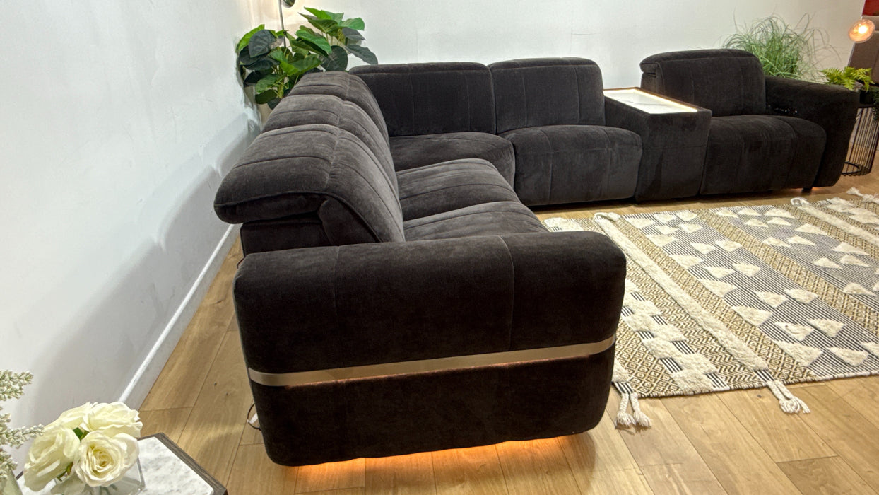 Sofology Lumiere Fabric 3 Corner 3 Console Power Recliner/Headrest Heated Seats in Relaxed Chenille Raisinric