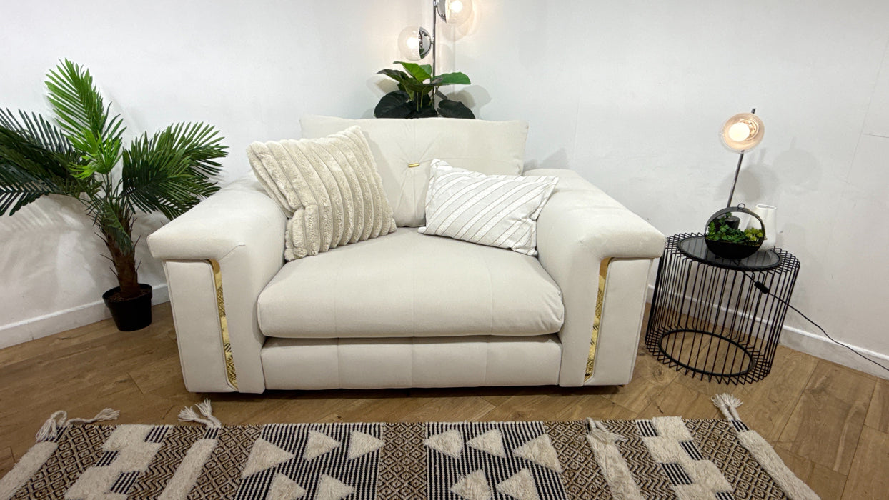 Sofology Oscar Fabric Loveseat Gold Trim in Super Matt Velvet Ecru Mix
