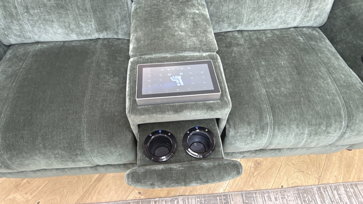 Sofology Alllure Fabric 2 Seater Screen Console Power Recliner/Headrest Heated Seats Lumbar Support Speakers in Relaxed Chenille Pine