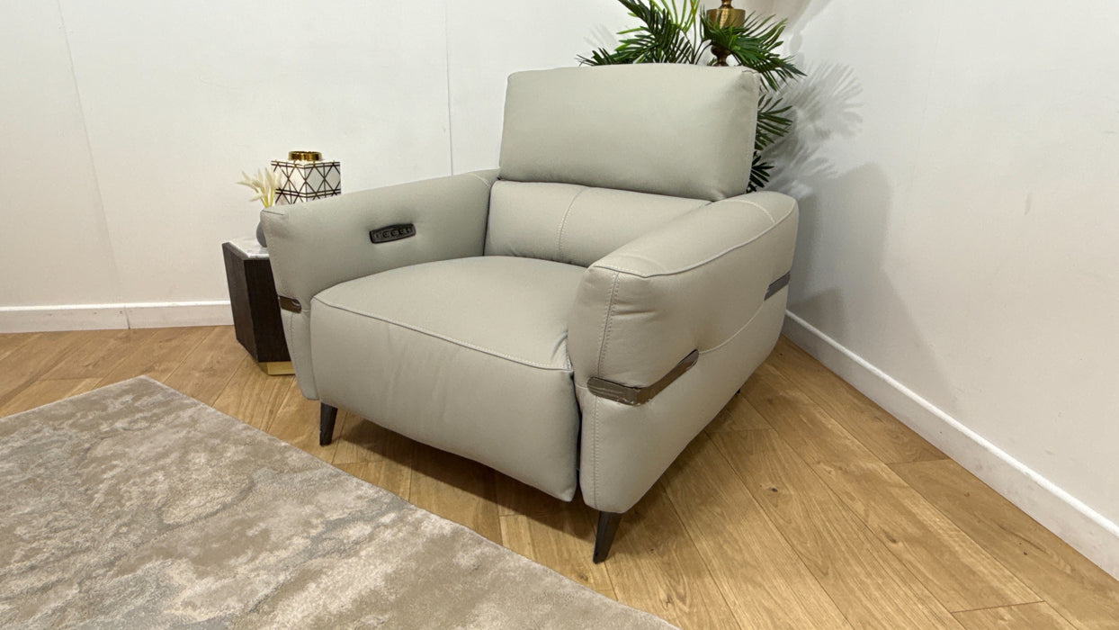 Sofology Arlington Leather Chair Power Recliner/Headrest Lumbar in Trusty Matt Light Grey