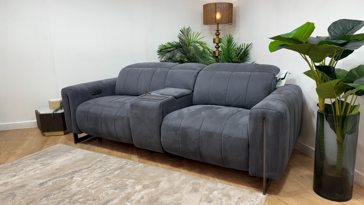 Sofology Paramount Leather 2.5 Seater Console Power Recliner/Headrest Heated Seats Speakers in Trusty Embossed Charcoal