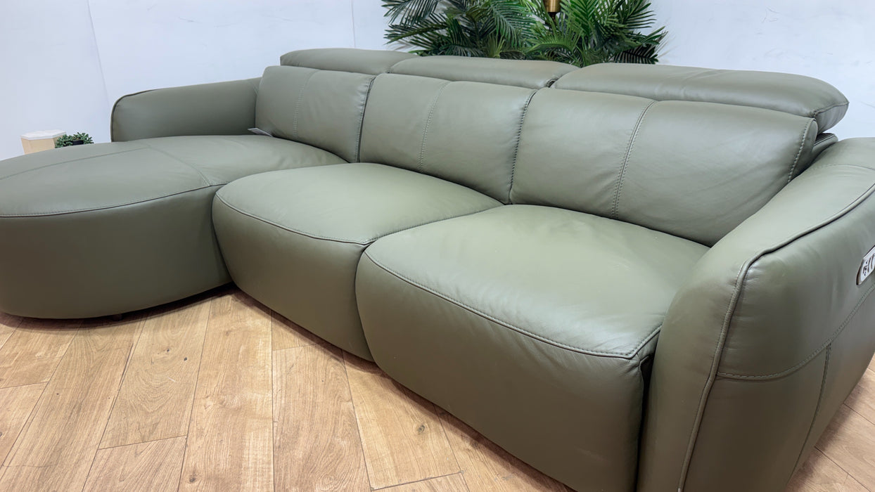 Sofology Serene Leather Chaise 3 Seater Power Recliner/Headrest in Trusty Matt Olive