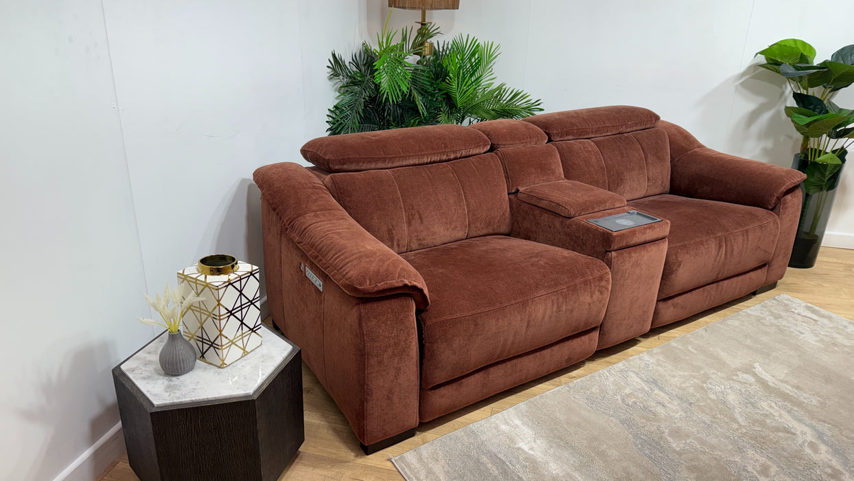 Sofology Carrera Fabric 2.5 Seater Smart Console Power Recliner/Headrest Heated Seat in Relaxed Chenille Burnt Sienna