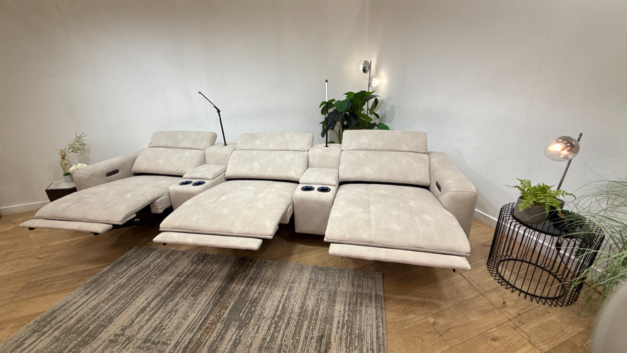 Sofology Marvella Fabric 3 Seater Cinema Sofa Console Power Recliner/Headrest in Lifestyle Flecked Ivory