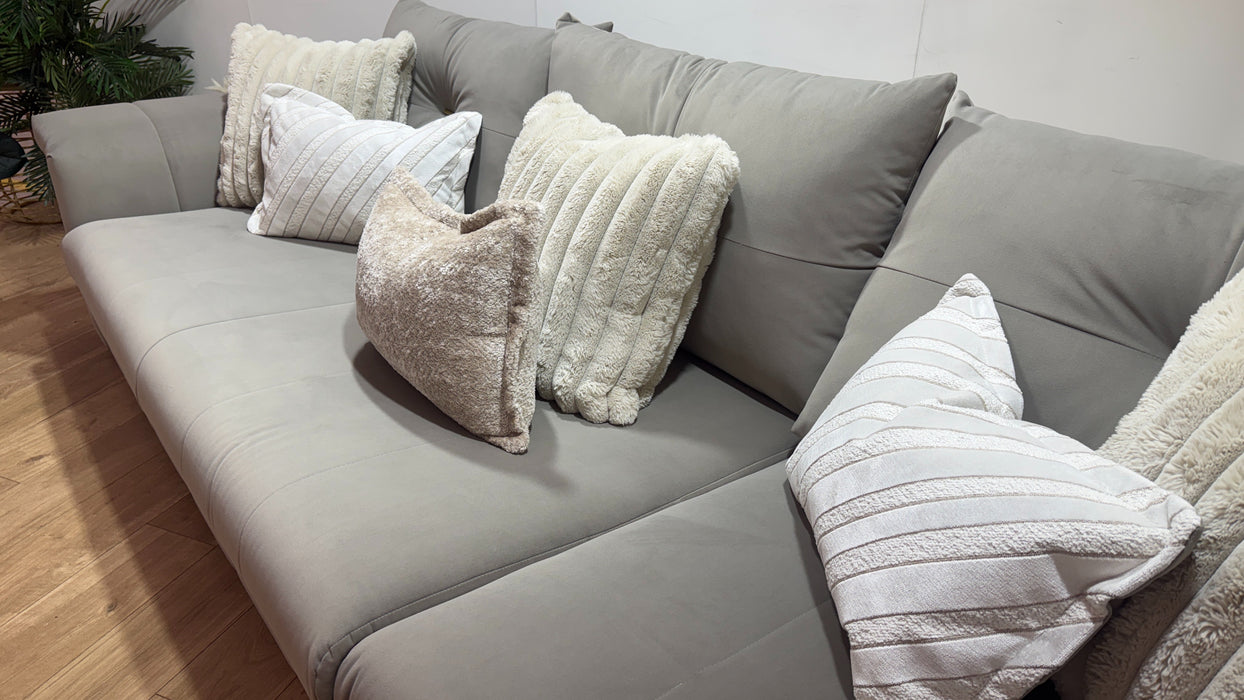 Sofology Oscar Fabric 4 Seater Gold Trim in Matt Velvet Pebble