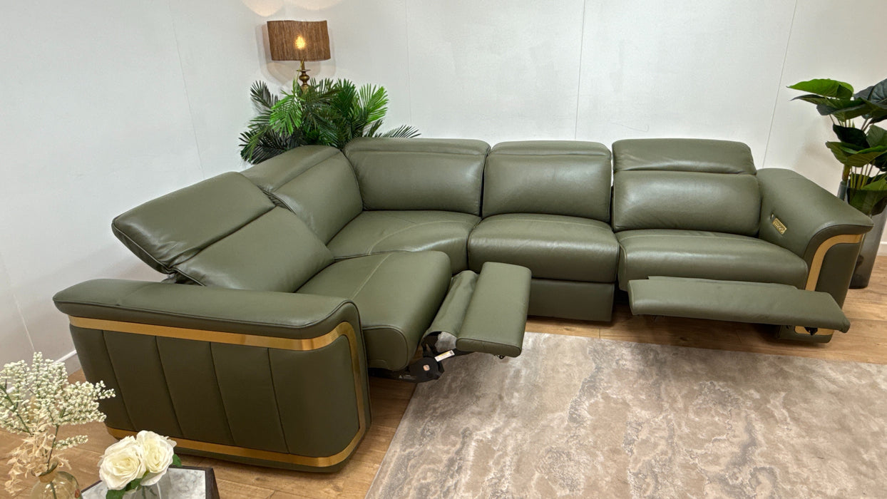 Sofology Plaza Leather 1.5 Corner 3 Seater Power Recliner/Headrest Heated Seats in Trusty Embossed Dark Olive