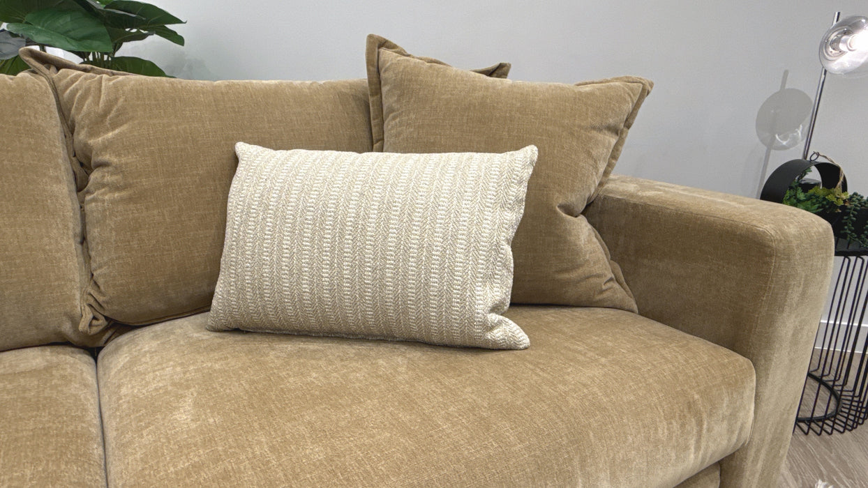 Sofology Cove Fabric 3 Seater Dark Wood Panel in Soft Chenille Caramel Mix