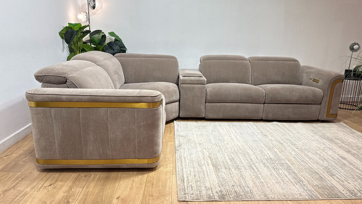 Sofology Plaza Fabric 1.5 Smart Console Corner 3 Power Recliner/Headrest Heated Seats in Relaxed Chenille Nutmeg