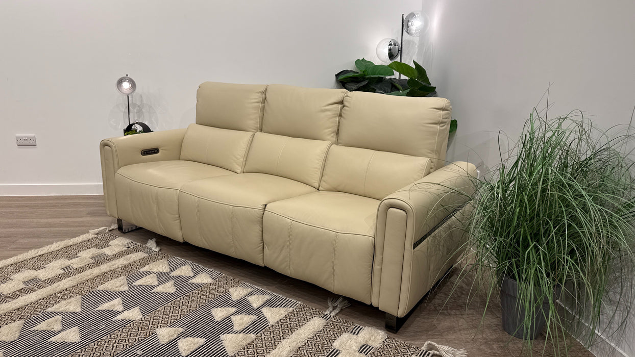 Sofology Ravello Leather 3 Seater Power Recliner/Headrest Lumbar Support in Trusty Embossed Bone China