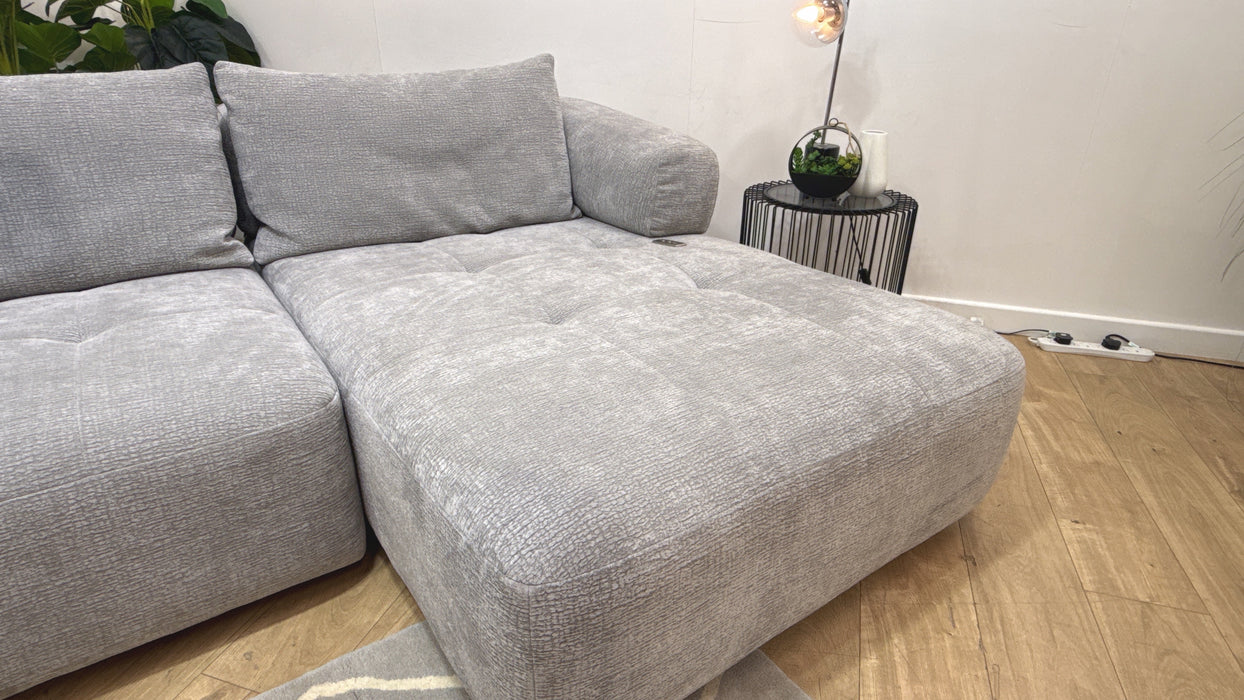 Sofology Fabric Flex 4 Seater Chaise Large Full Back Power Motion Back in Heavy Textured Chenille Light Grey