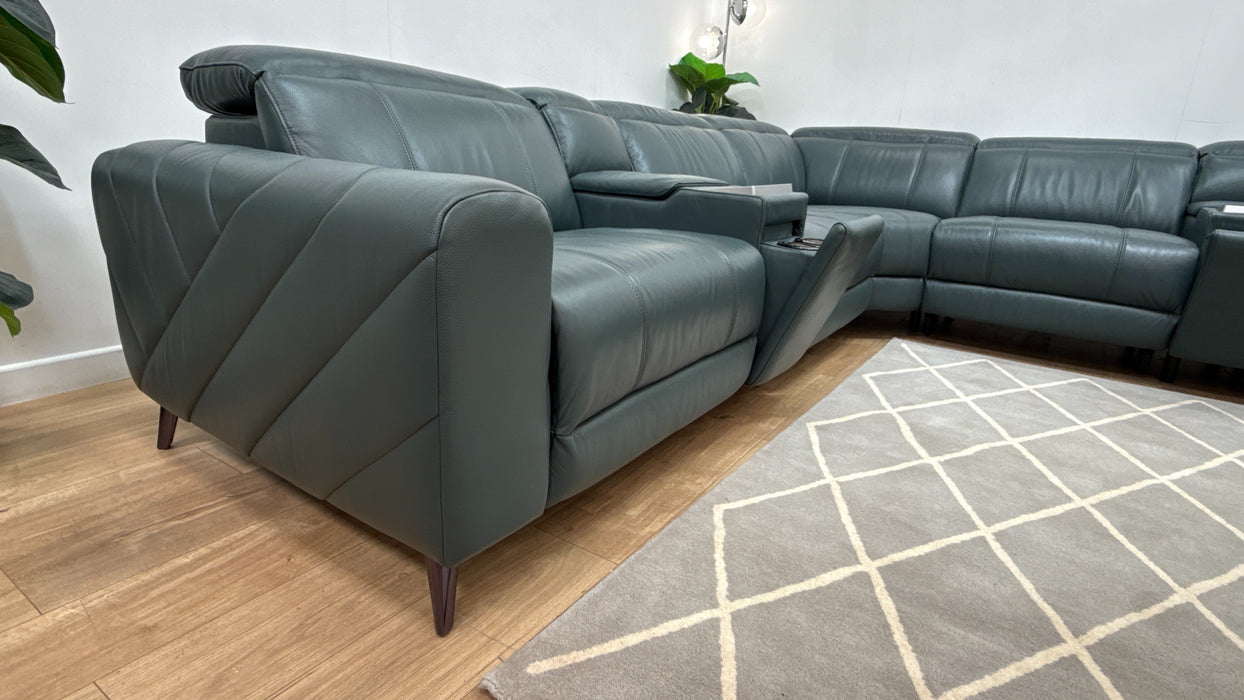 Sofology Allure Leather 3 Screen Console Corner Screen Console 3 Power Recliner/Headrest Heated Seats Lumbar Support Speakers in Trusty Embossed Peacock