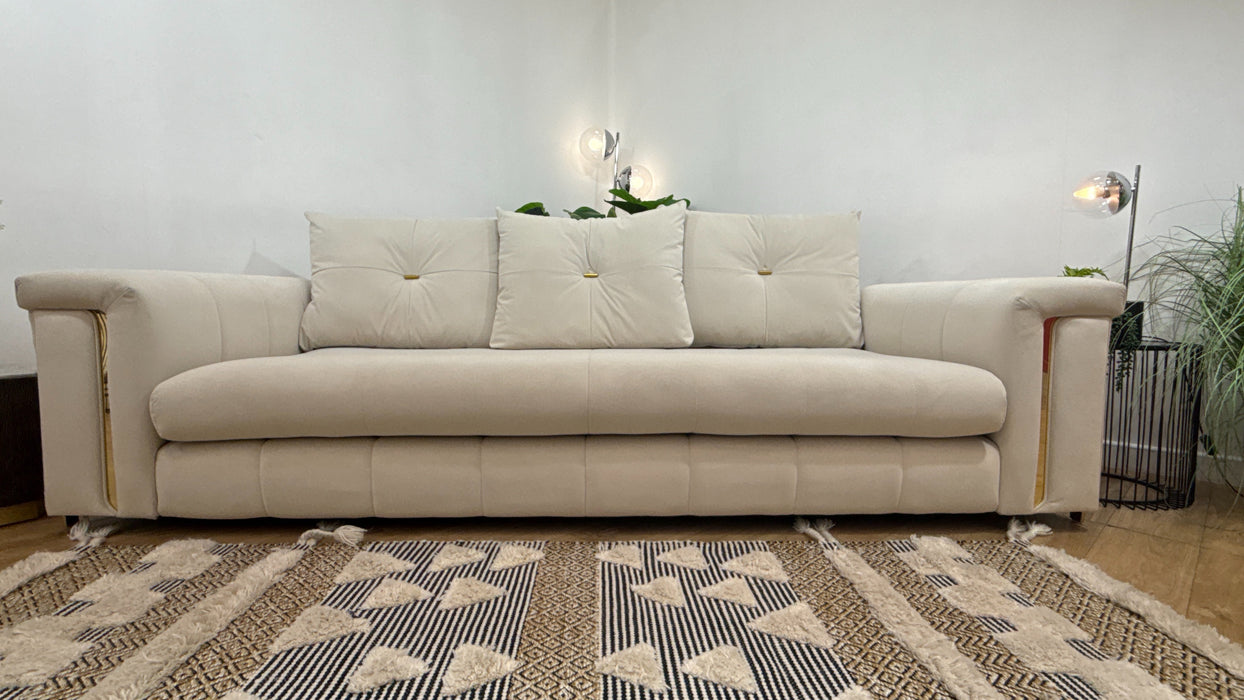 Sofology Oscar Fabric 4 Seater Gold Trim in Super Matt Velvet Ecru Mix