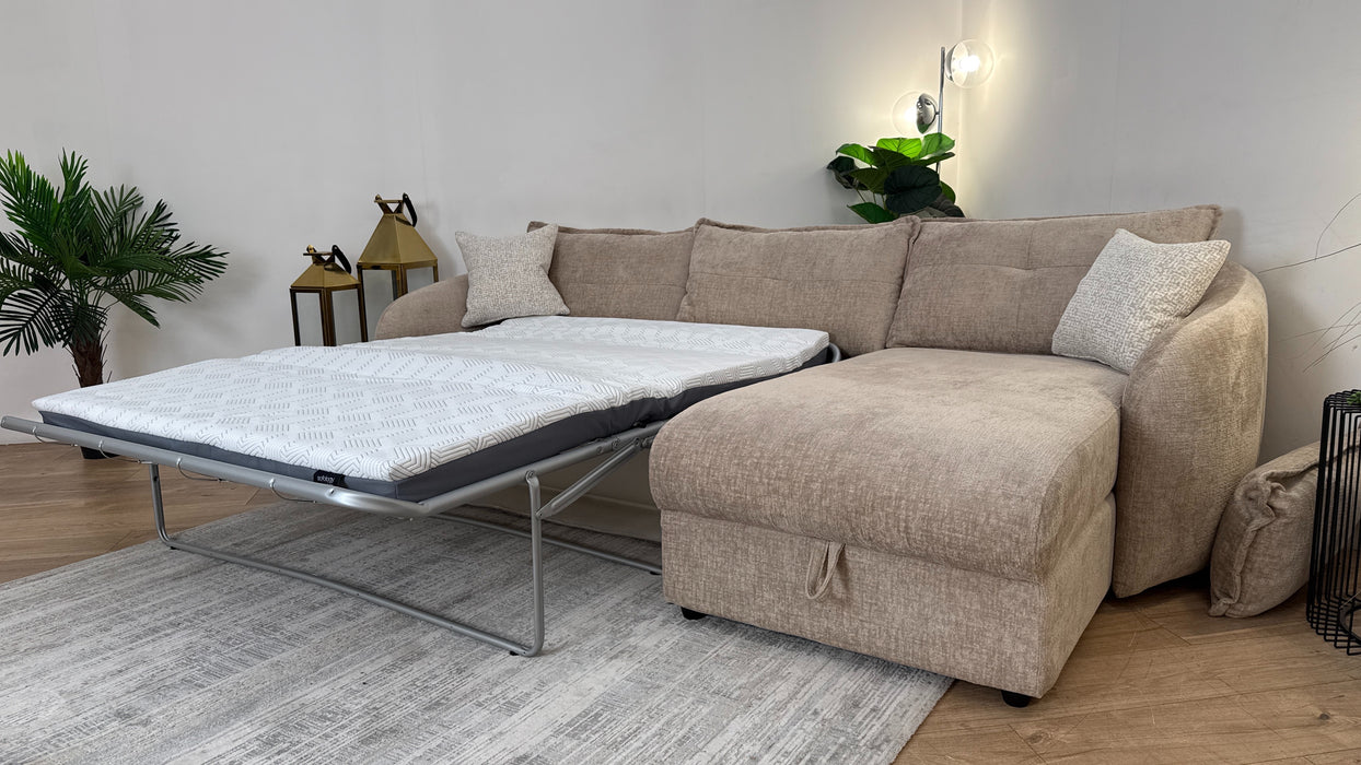 Sofology The Portobello Fabric 3 Seater Chaise Sofa Bed Foam Seats with Storage in Teddy Chenille Natural Mix
