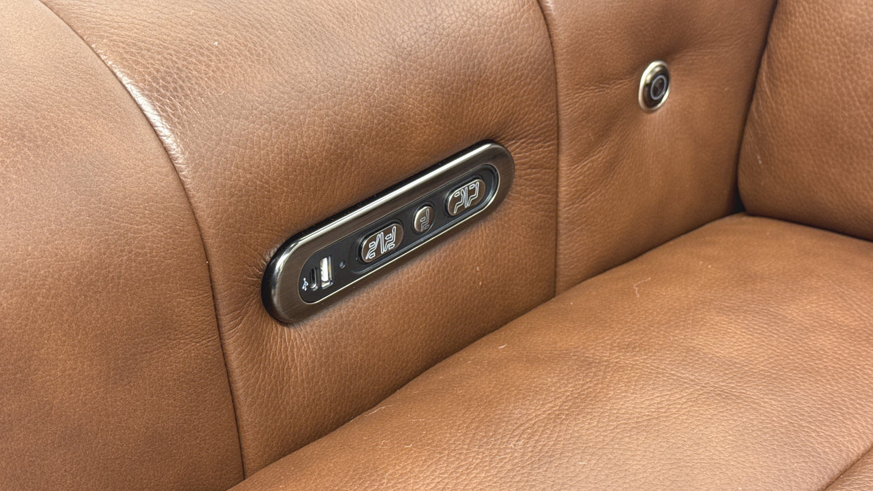 Sofology Paramount Leather 2.5 Seater Console Power Recliner/Headrest Speakers Heated Seats in Trusty Embossed Chestnut