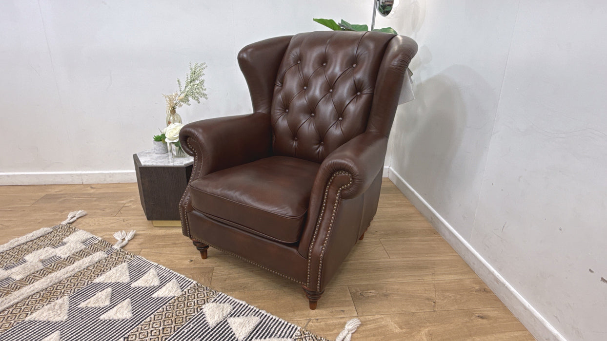 Sofology Darcy Leather Accent Wing Chair with Studs in Trusty Supersoft Sheen Chestnut