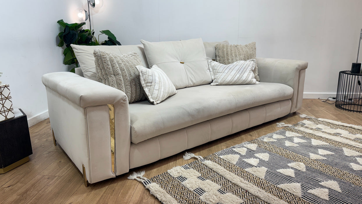 Sofology Oscar Fabric 4 Seater Gold Trim in Super Matt Velvet Ecru Mix