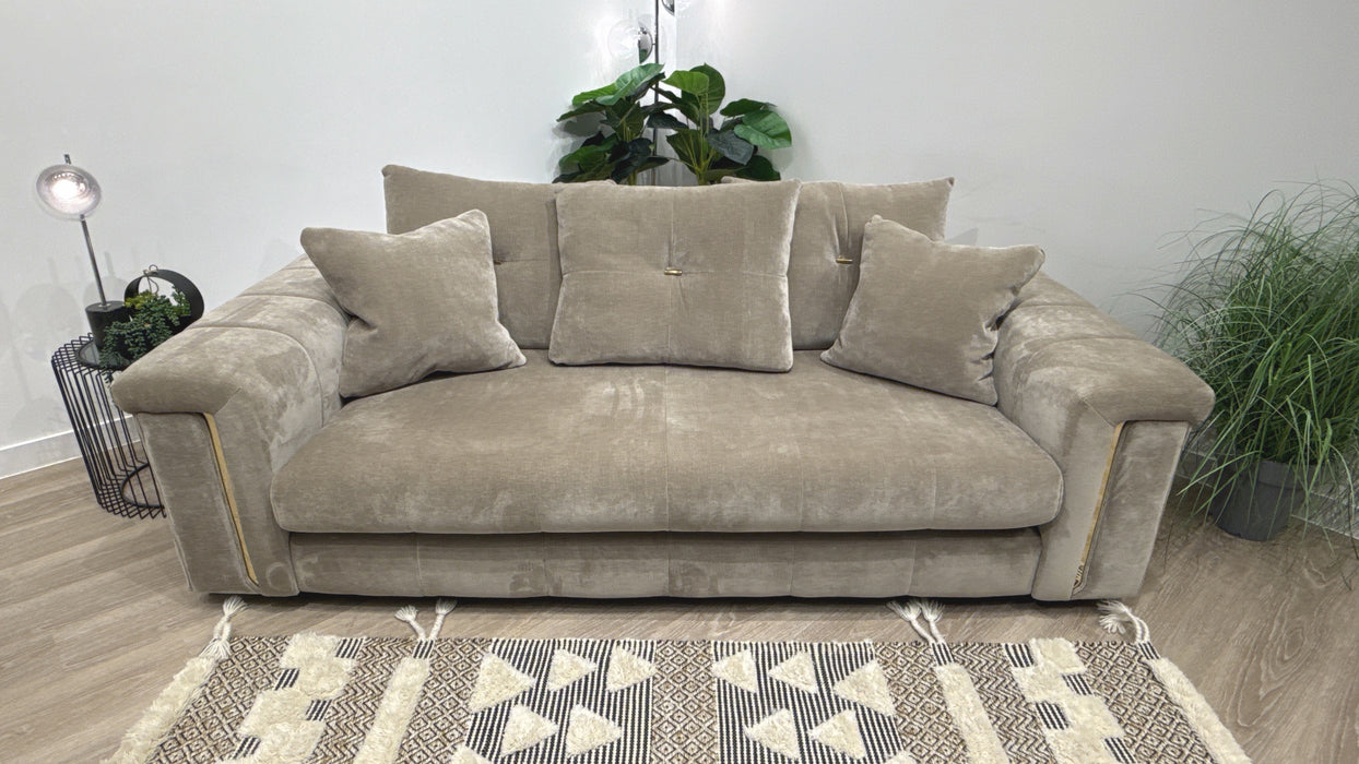 Sofology Oscar Fabric 3 Seater Gold Trim in Fine Textured Chenille Stone