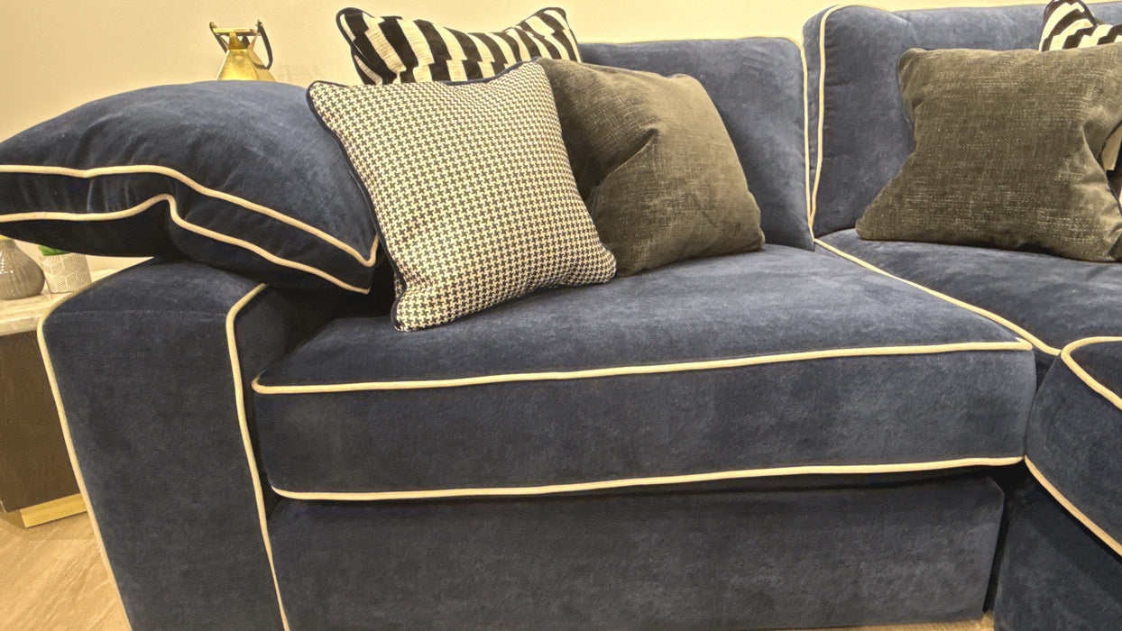 Sofology Atelier Fabric 3 Corner 1 Full Back in Soft Chenille Navy Mix With Pearl Contrast Piping